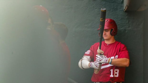 Alabama baseball player Drew Williamson (18) in the dugout against MSU at Sewell-Thomas Stadium in Tuscaloosa, AL on Saturday, Apr 8, 2023.